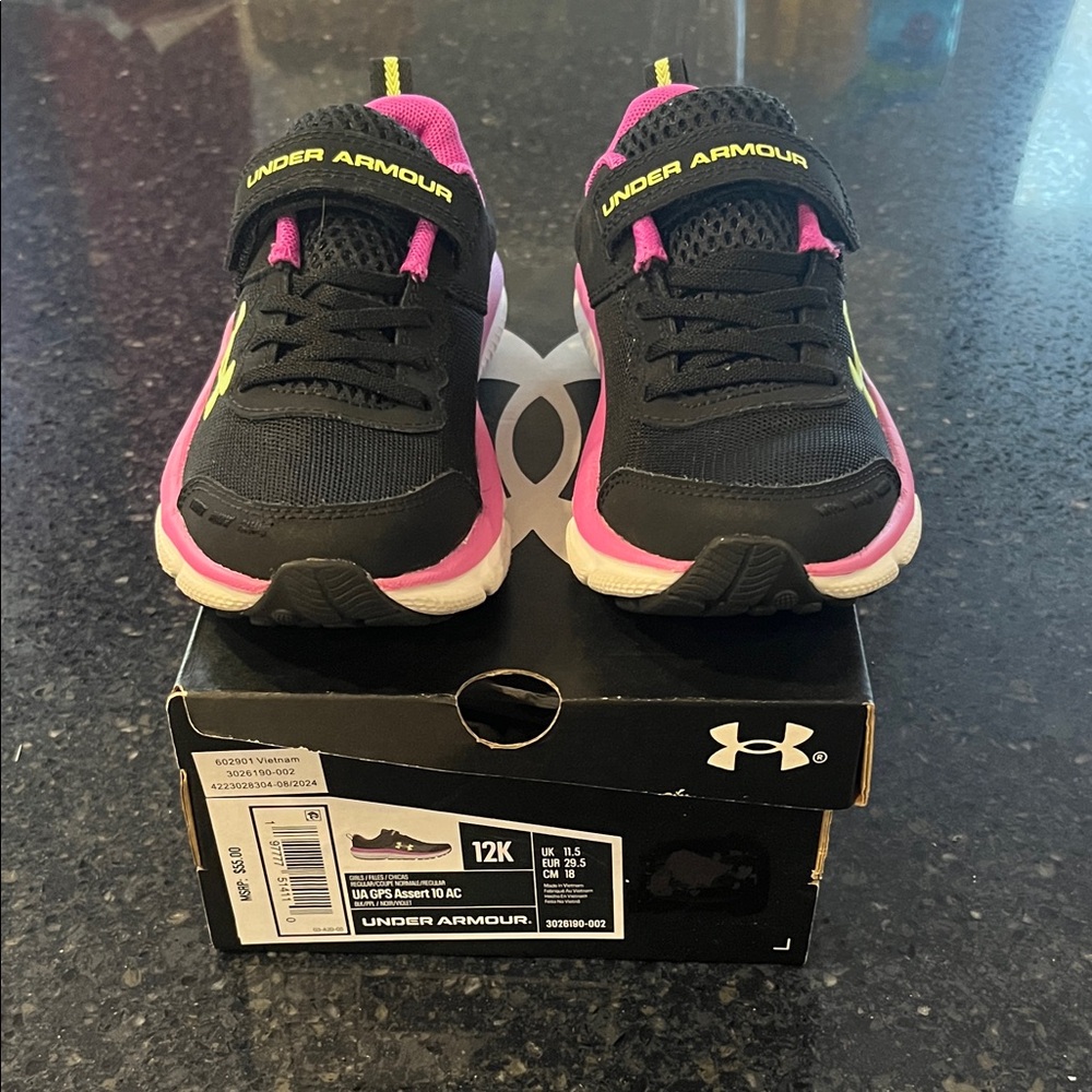 Under Armour Black & Pink Kids' Athletic Sneakers with Yellow Logo - Picture 3 of 8